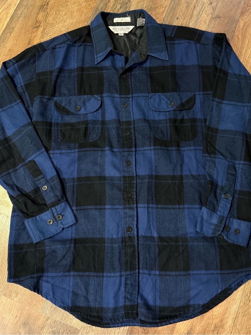 Vintage-Style Blue & Black Plaid Button-Down Shirt Large
